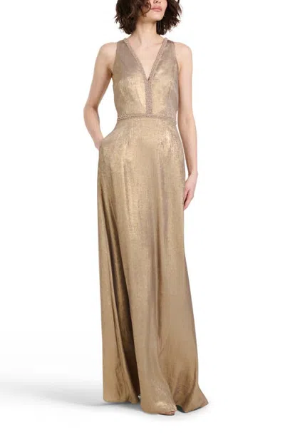 Emily Shalant Foil Chiffon Sleeveless Gown In Gold
