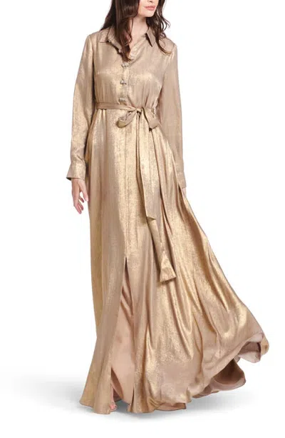 Emily Shalant Foil Long Sleeve Chiffon Gown In Neutral