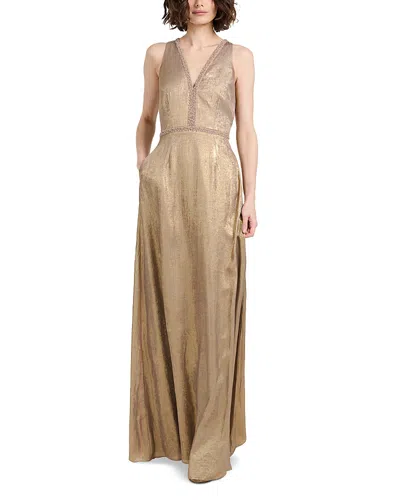 Emily Shalant Foiled Chiffon V Neck Gown In Brown