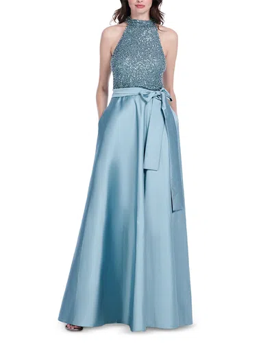 Emily Shalant Glass Beaded Mock Neck Gown In Blue