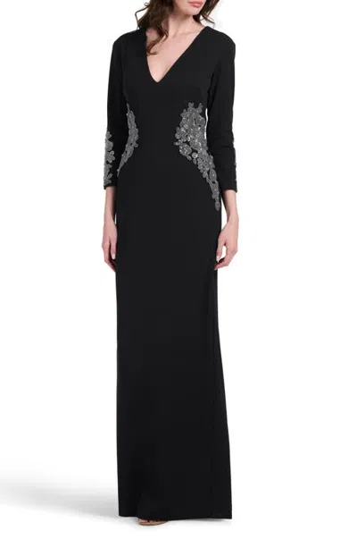 Emily Shalant Metallic Appliqué Stretch Crepe Gown In Black