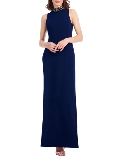 Emily Shalant Mock Neck Crepe Gown With Art Deco Jewels In Navy In Blue