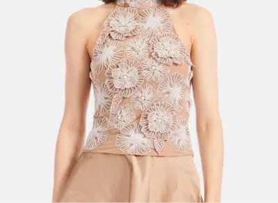 Emily Shalant Pearl Beaded Flower Mock Neck Top In Suntan In Neutral