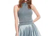 Emily Shalant Light Blue Pearl Encrusted Sleeveless Mock Neck Top In Blue