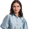 Emily Shalant Puff Sleeve Blouse With Floral Medallion Buttons In Blue