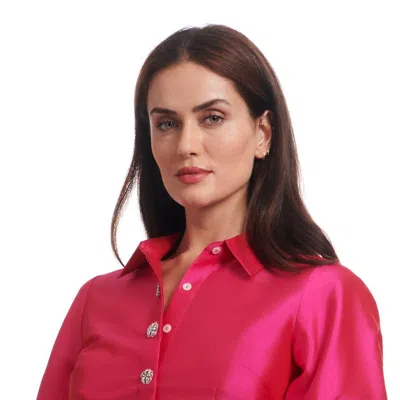 Emily Shalant Puff Sleeve Blouse With Floral Medallion Buttons In Red