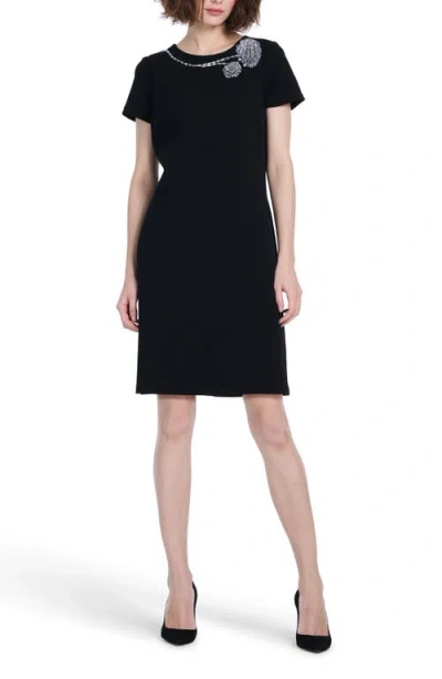 Emily Shalant Rhinestone Floral Cocktail Shift Dress In Black