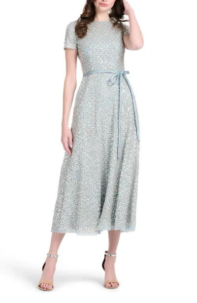 Emily Shalant Sequin Encrusted Translucent Tie Waist Cocktail Dress In Blue