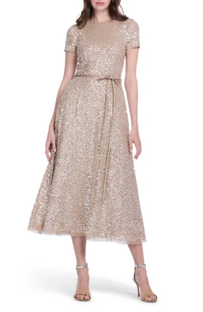 Emily Shalant Sequin Encrusted Translucent Tie Waist Cocktail Dress In Brown