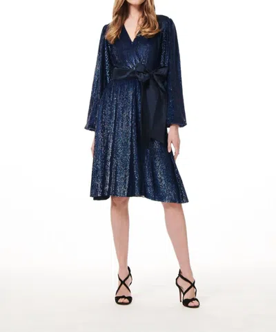 Emily Shalant Sequin Faux Wrap Midi Dress In Navy In Blue