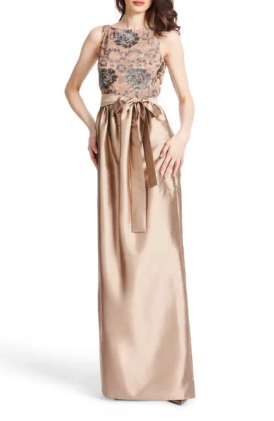 Emily Shalant Sequin Lace & Taffeta Gown In Brown