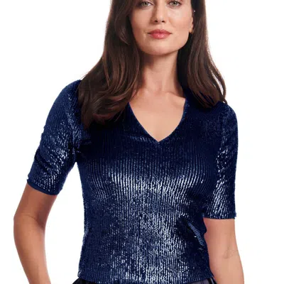 Emily Shalant Sequin V-neck Elbow Sleeve Tee In Blue