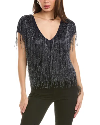 Emily Shalant Short Sleeve Beaded Fringe Top In Blue