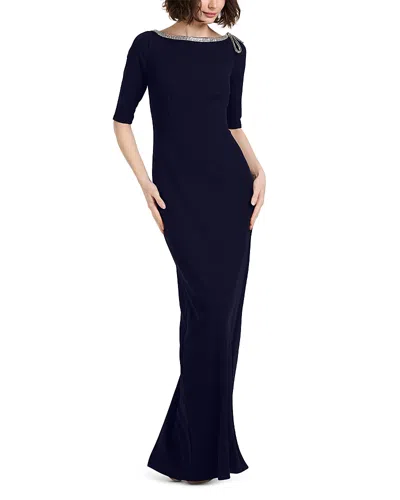 Emily Shalant Stretch Crepe Elbow Sleeve Embellished Gown In Blue