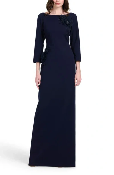 Emily Shalant Stretch Crepe Floral Appliqué Gown In Blue