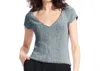Emily Shalant Stretch Pearl Beaded V-neck Top In Blue In Gray