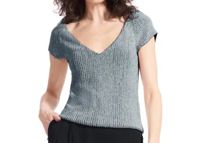 Emily Shalant Stretch Pearl Beaded V-neck Top In Blue In Gray