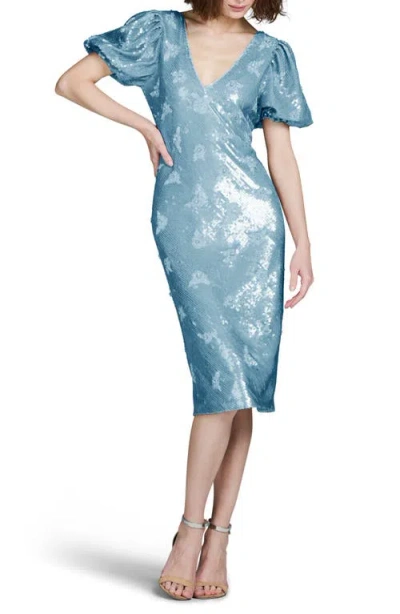 Emily Shalant Stretch Sequin Floral Cocktail Midi Dress In Blue