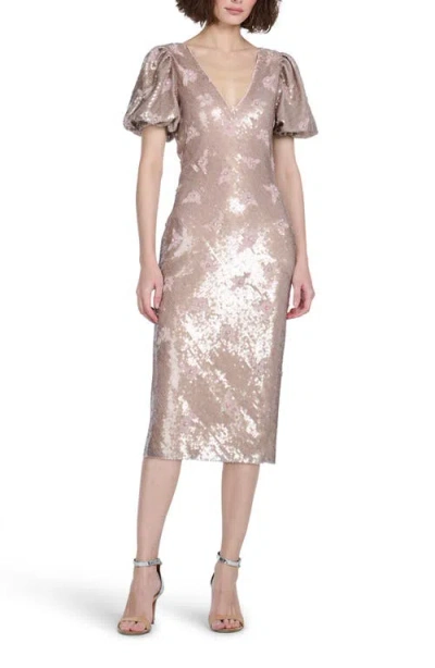 Emily Shalant Stretch Sequin Floral Cocktail Midi Dress In Pink
