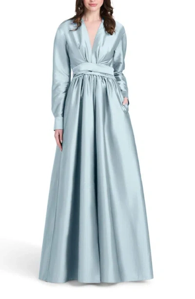 Emily Shalant Surplice Long Sleeve Taffeta Gown In Blue