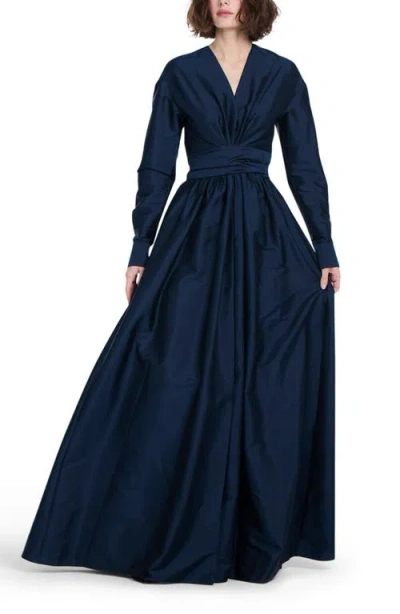 Emily Shalant Surplice Long Sleeve Taffeta Gown In Blue