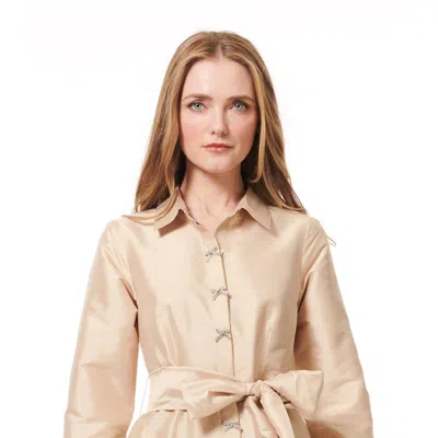 Emily Shalant Taffeta Blouse With Crystal Bow Buttons And Sash In Neutral