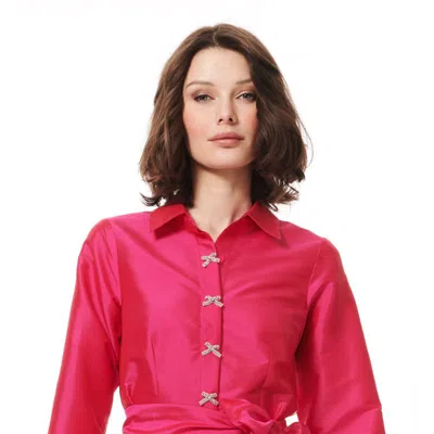 Emily Shalant Taffeta Blouse With Crystal Bow Buttons And Sash In Pink