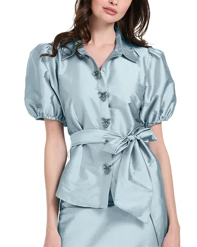 Emily Shalant Taffeta Puff Sleeve Blouse In Animal Print