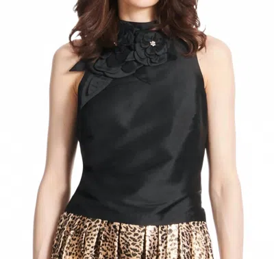 Emily Shalant Taffeta Shell With Applique Flowers In Black