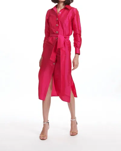 Emily Shalant Taffeta Shirt Dress With Crystal Bow Buttons In Watermelon In Pink