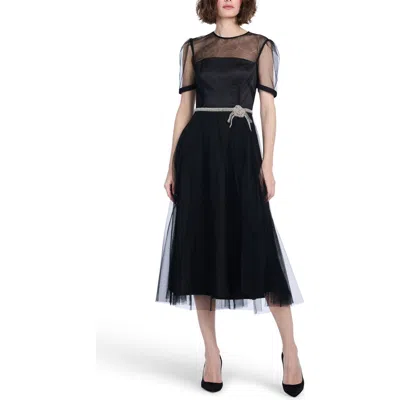 Emily Shalant Tulle Overlay Illusion Neck Midi Cocktail Dress In Black