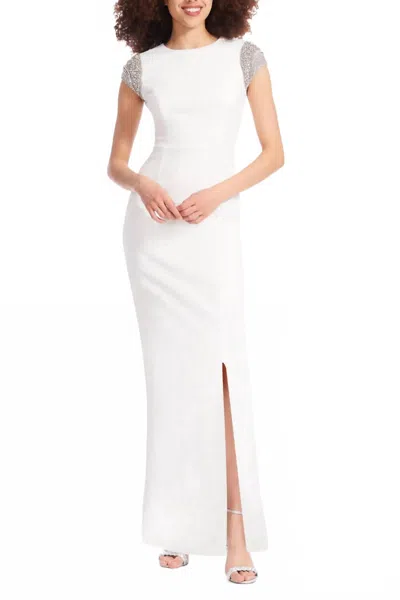 Emily Shalant Women's Crew Neck Short Crystal Cap Sleeves Back Zipper Long Gown Dress In Ivory In White