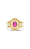 Emily Weld Collins 18k Yellow Gold Three Stone Shelter Island Ring In Rubellite