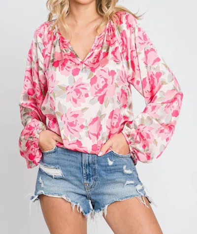 Emily Wonder Satin Silky V Neck Blouse In Champagne Pink Florals In Multi