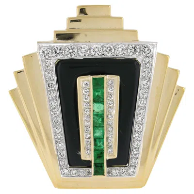 Pre-owned Emis Beros 18k Gold Onyx Diamond & Emerald Step Flared Design Deco Style Pendant In Green
