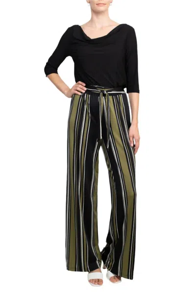 Emma & Michele Cowl Neck 3/4 Sleeve Tie Front Elastic Waist Jersey Jumpsuit In Black/green In Multi