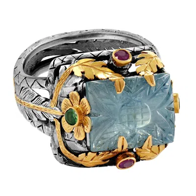 Emma Chapman Jewels Women's Blue / Green / Red Hand-carved Aquamarine Ruby Tsavorite Statement Ring In Multi