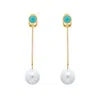 Emma Holland Jewellery Women's Gold / Blue Turquoise & Pearl Chain Clip Earrings