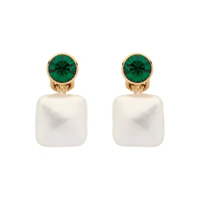 Emma Holland Jewellery Women's Green / White / Gold Emerald Crystal & Baroque Pearl Clip Earrings In Multi