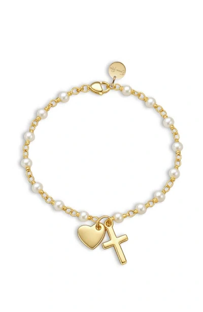 Emma Rae Cross And Heart Charm Rosary Bracelet In Gold