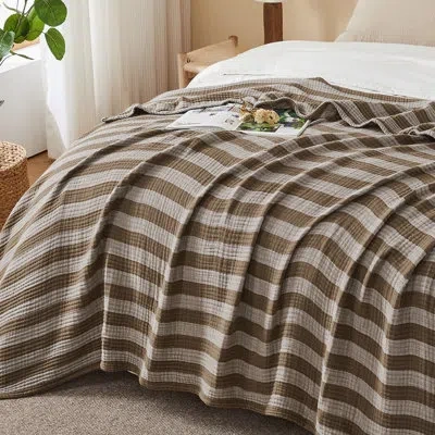 Emme 100% Cotton Muslin Blanket Breathable Gauze Soft Lightweight Striped Blanket Adults Gifts For Summer In Brown