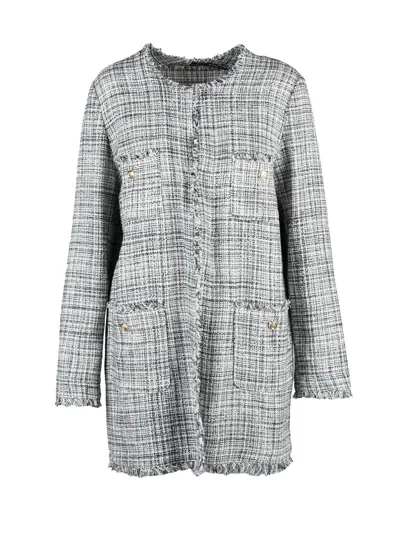 Emme By Marella Textured Bouclé Jacket With Checkered Pattern And Gold-tone Accents In Grey