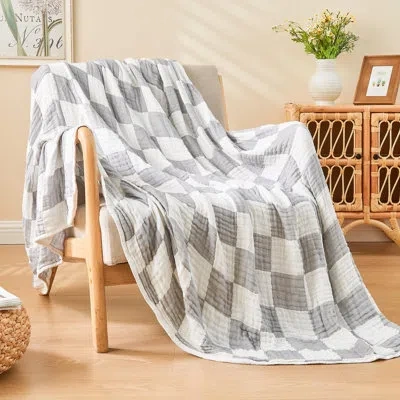 Emme Checkered Cotton Blanket Large 90"x90" 100% Muslin For Couch Breathable Cooling Gauze All Season Sof In Gray