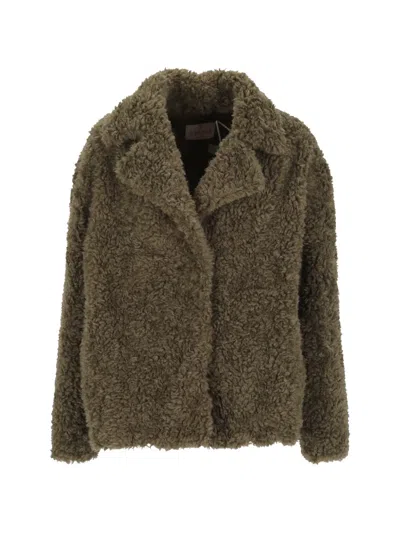 Emme Faux-shearling Notched-lapels Coat In Green