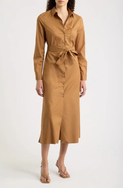 Emme Long Sleeve Belted Midi Shirtdress In Cognac