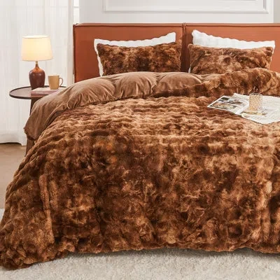 Emme Luxury Elegant Shaggy Bubble Bedding Sets，faux Fur Duvet Cover  , 2/3 Pieces Soft Fluffy Comforter C In Fur Dye Brown