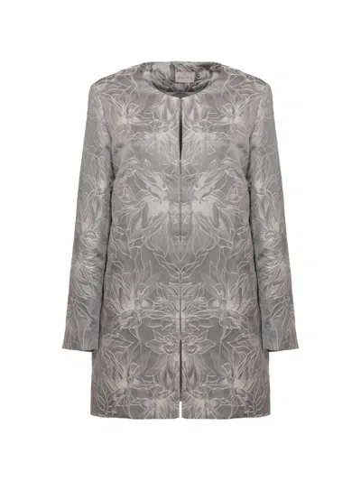 Emme Marella Floral-embroidered Round-neck Coat In Gray