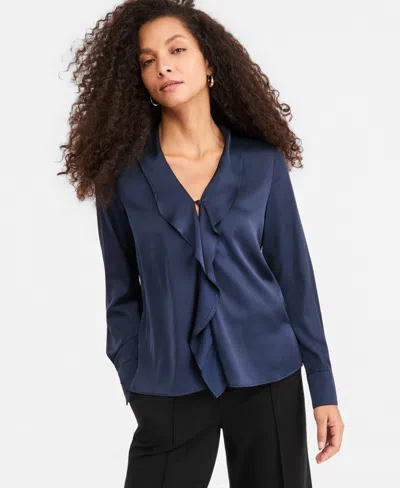 Emme Marella Women's Emmaggravi V-neck Satin Puff-cuff Long-sleeve Blouse In Blue
