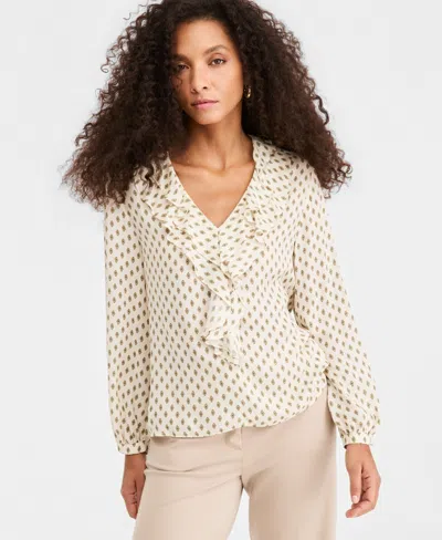 Emme Marella Women's Flounce-detail V-neck Long-sleeve Blouse In Wool White