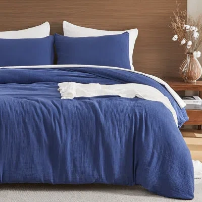 Emme Muslin Cotton Duvet Cover Set Size Soft Breathable Lightweight In Navy
